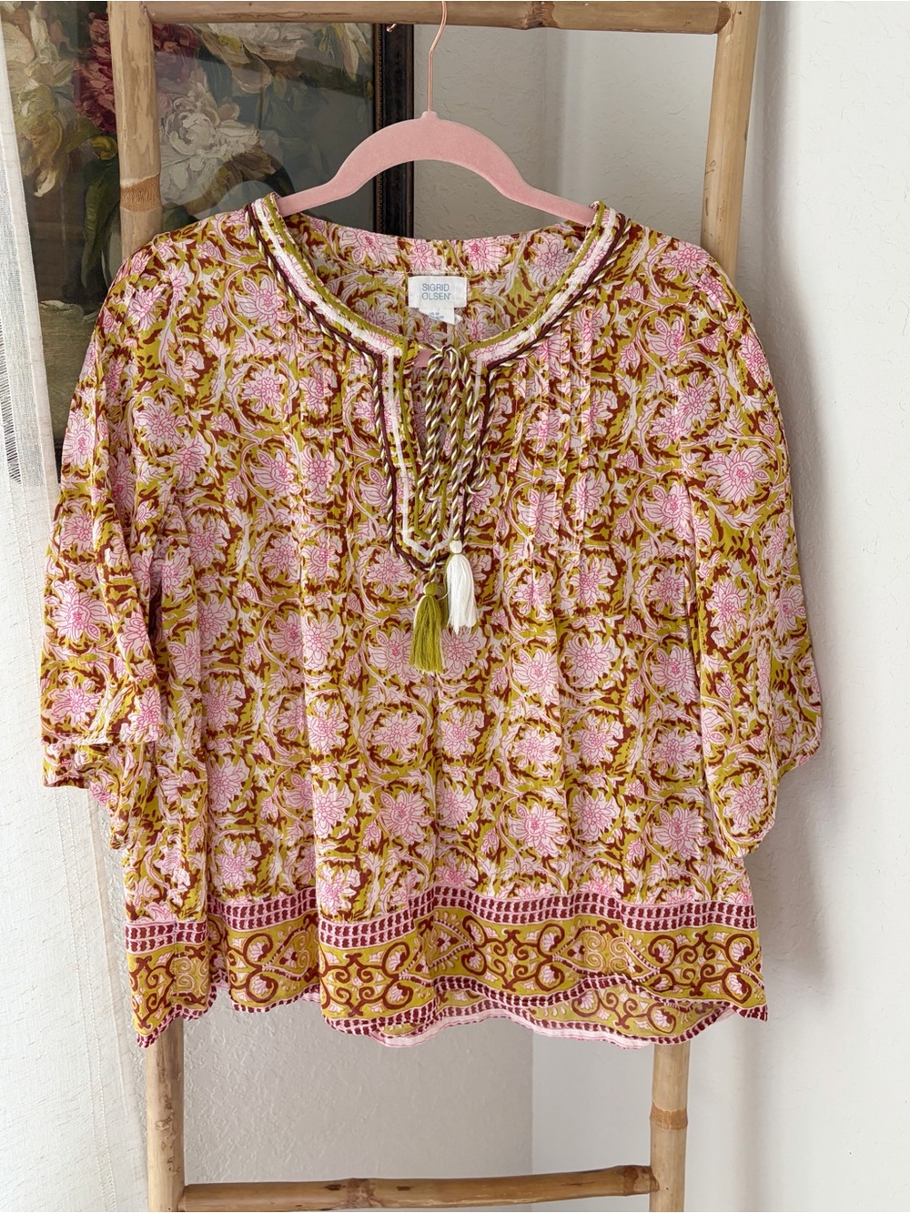 Sigrid Olsen Pink and Olive Floral Tassel Boho Blouse Medium